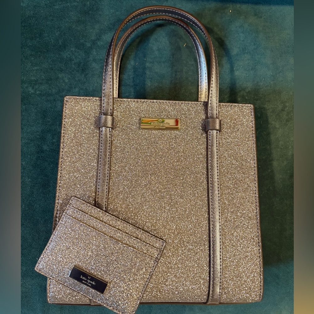 Kate Spade Kenzie Small Tote Silver Glitter with matching card holder